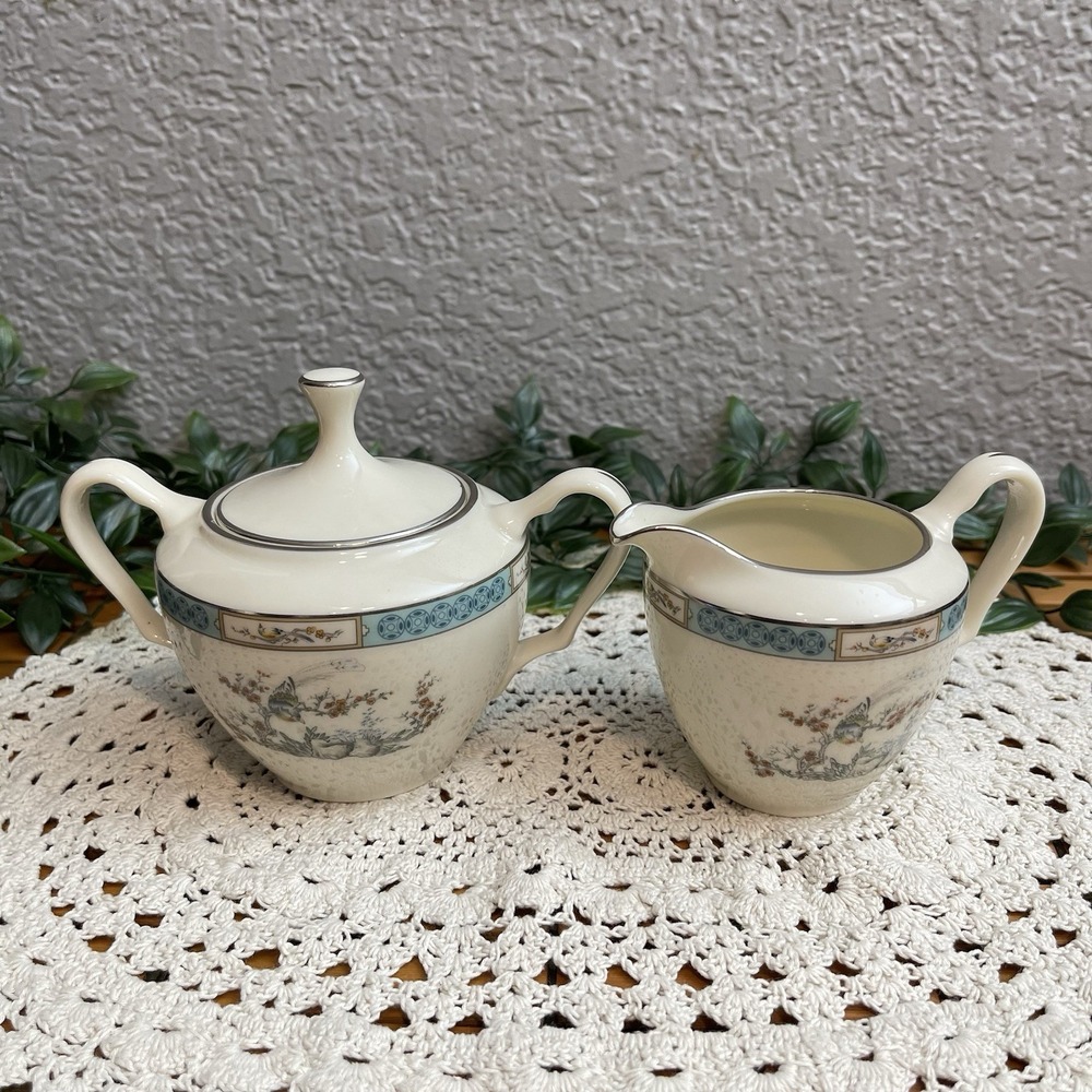 Vintage Lenox Plum Blossoms Creamer & Sugar Bowl Aqua Teal Silver Platinum